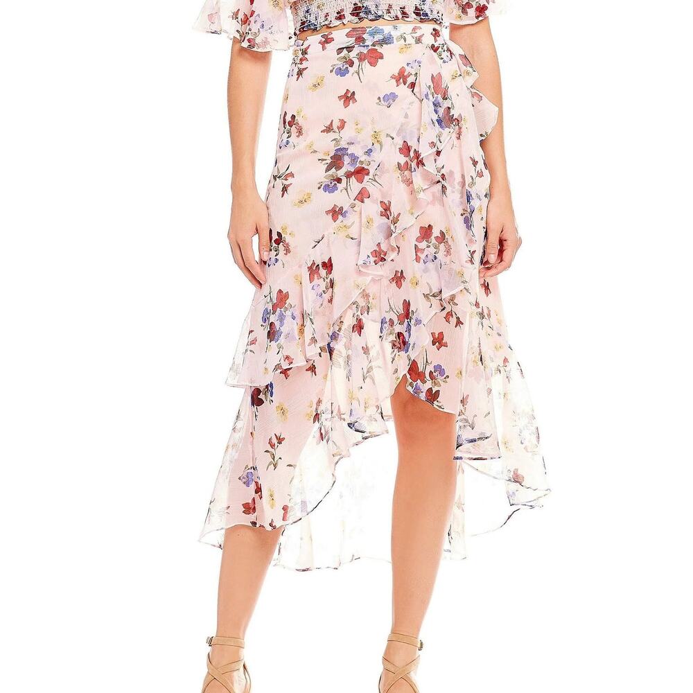 Chelsea & Violet NWT Pink Floral Print Chiffon Ruffle Hi Low Tie Midi Wrap Skirt